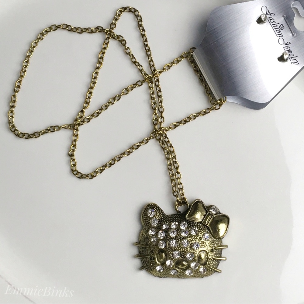 ✨3/$38 NWT Hello Kitty Bronze & Rhinestone Pendant Necklace ~ Bronze Cat Charm - Picture 2 of 11
